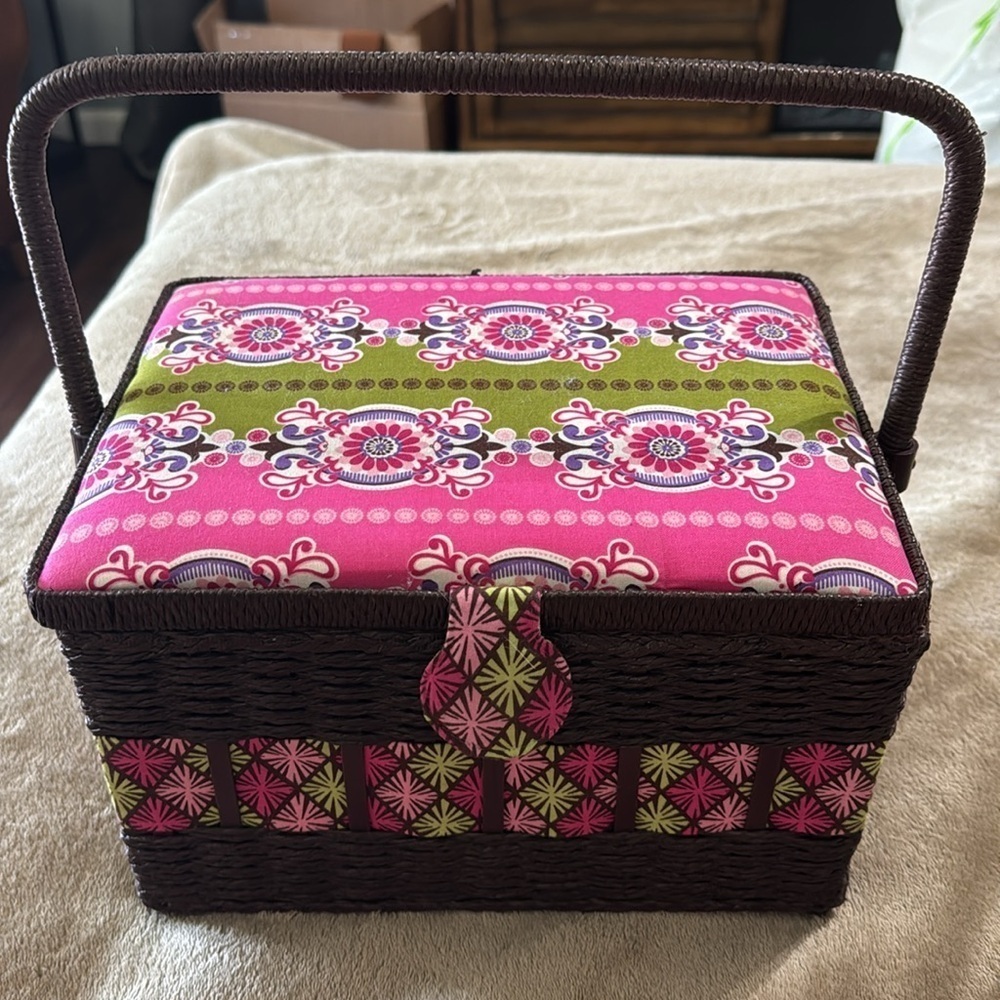 Sew Box Pink and Brown Woven Storage Basket